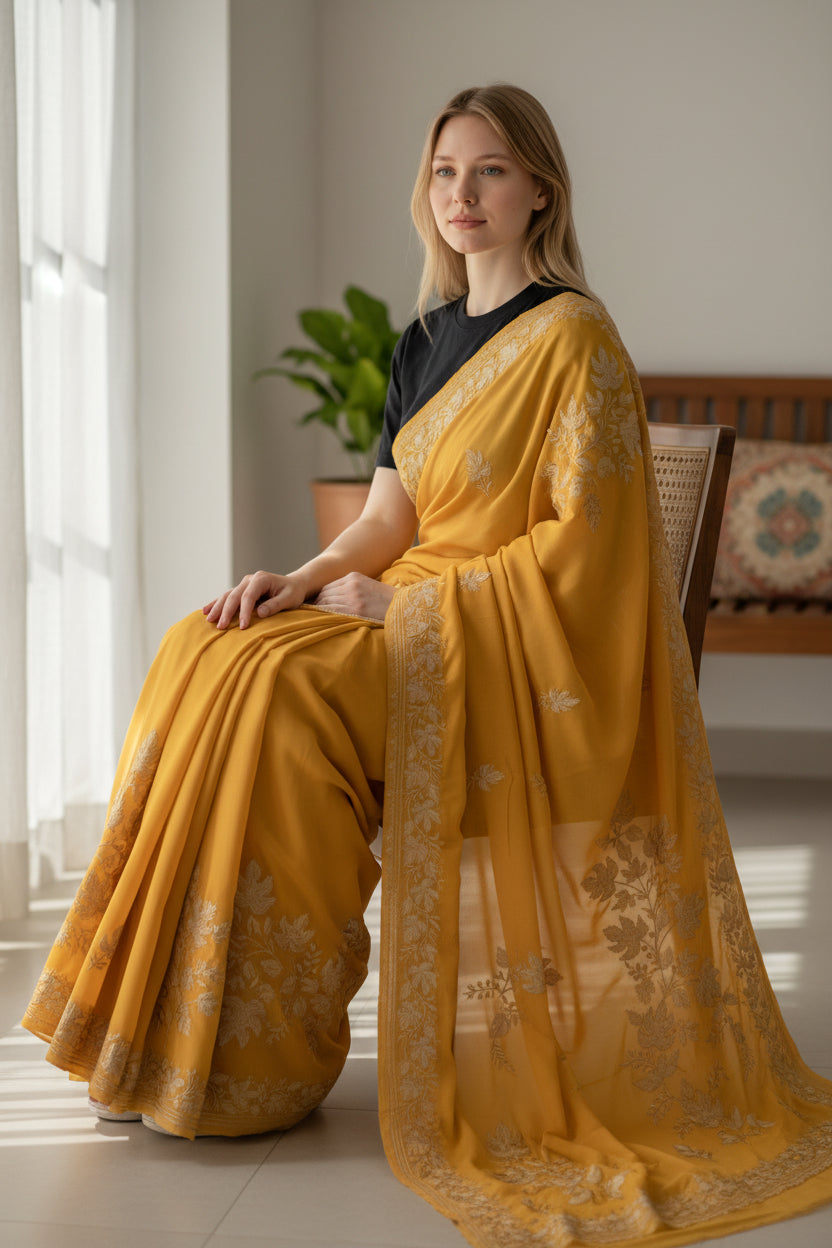 Women's Silk Sarees Embroidered with Kashmiri Aari work - Yellow