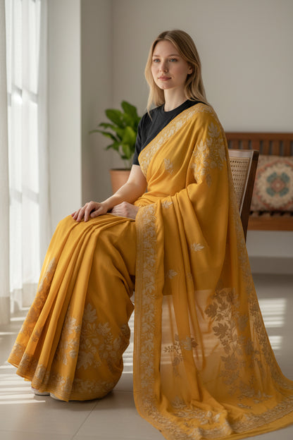 Women's Silk Sarees Embroidered with Kashmiri Aari work - Yellow