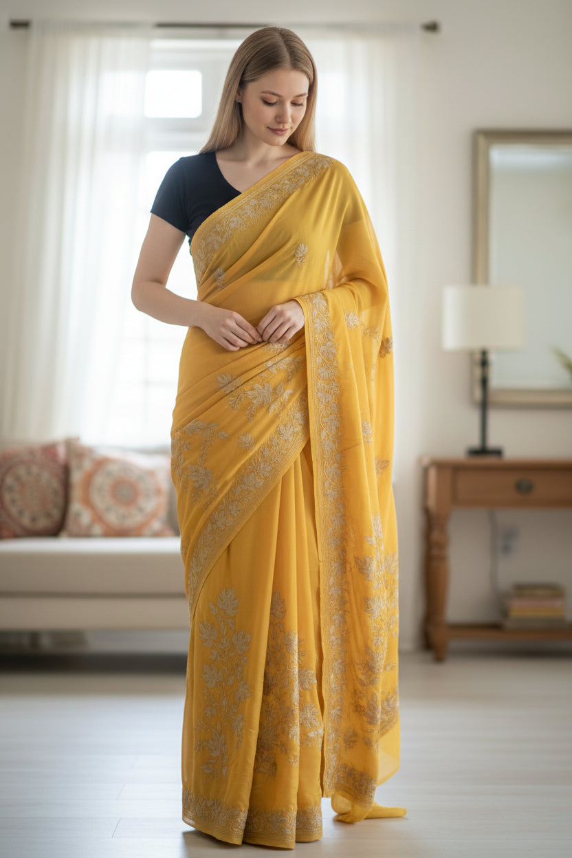Women's Silk Sarees Embroidered with Kashmiri Aari work - Yellow
