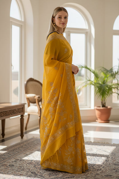 Women's Silk Sarees Embroidered with Kashmiri Aari work - Yellow