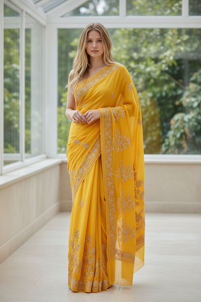 Women's Silk Sarees Embroidered with Kashmiri Aari work - Yellow