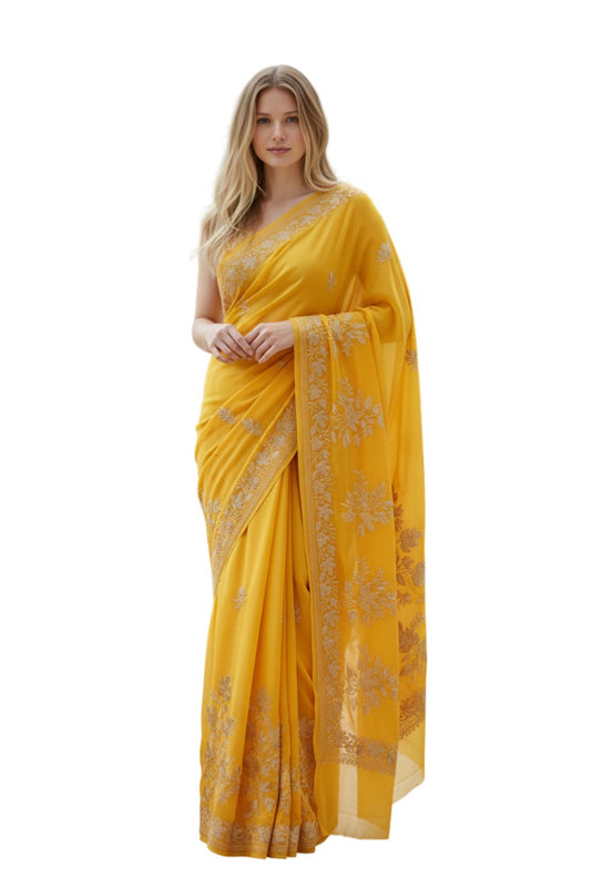 Women's Silk Sarees Embroidered with Kashmiri Aari work - Yellow