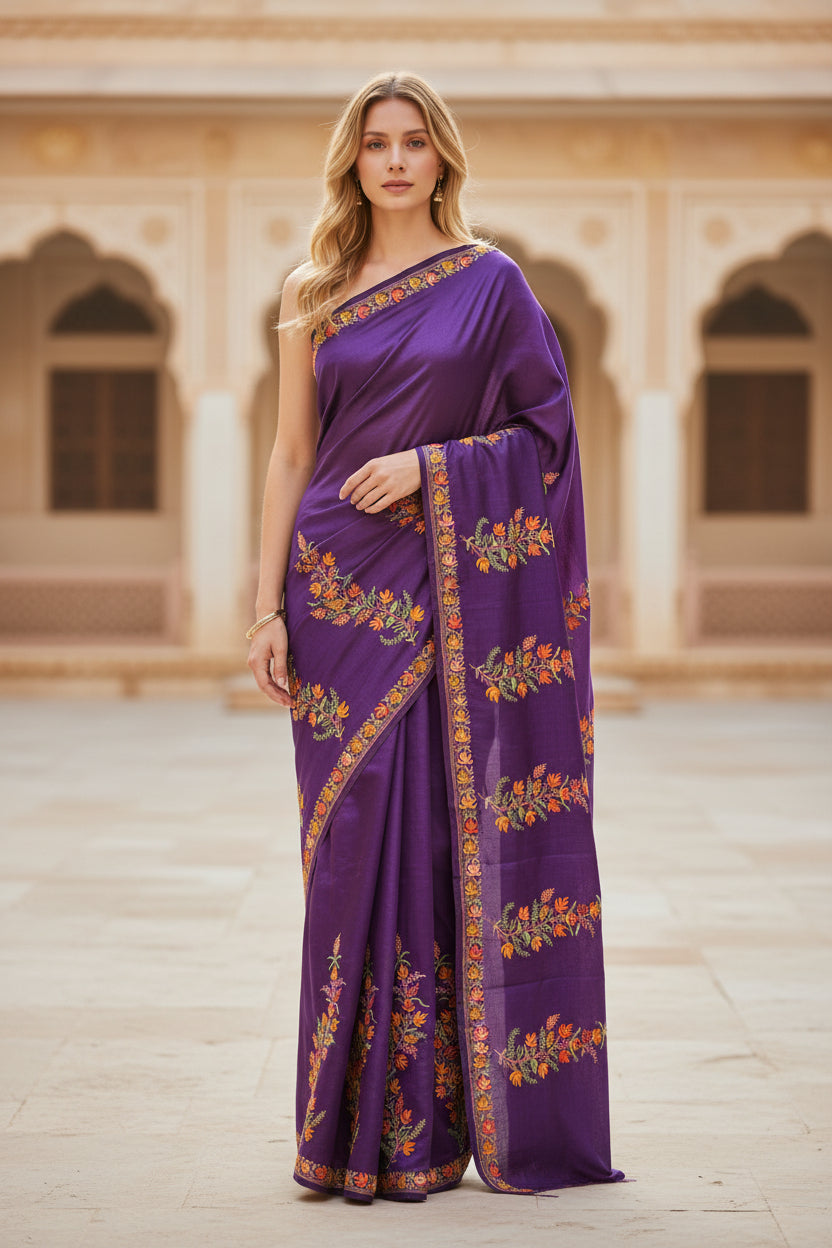 Women's Silk Sarees Embroidered with Kashmiri Aari work -Purple