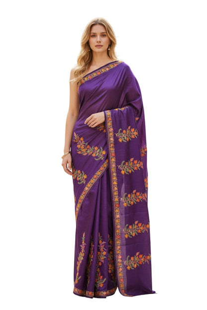 Women's Silk Sarees Embroidered with Kashmiri Aari work -Purple