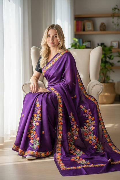 Women's Silk Sarees Embroidered with Kashmiri Aari work -Purple