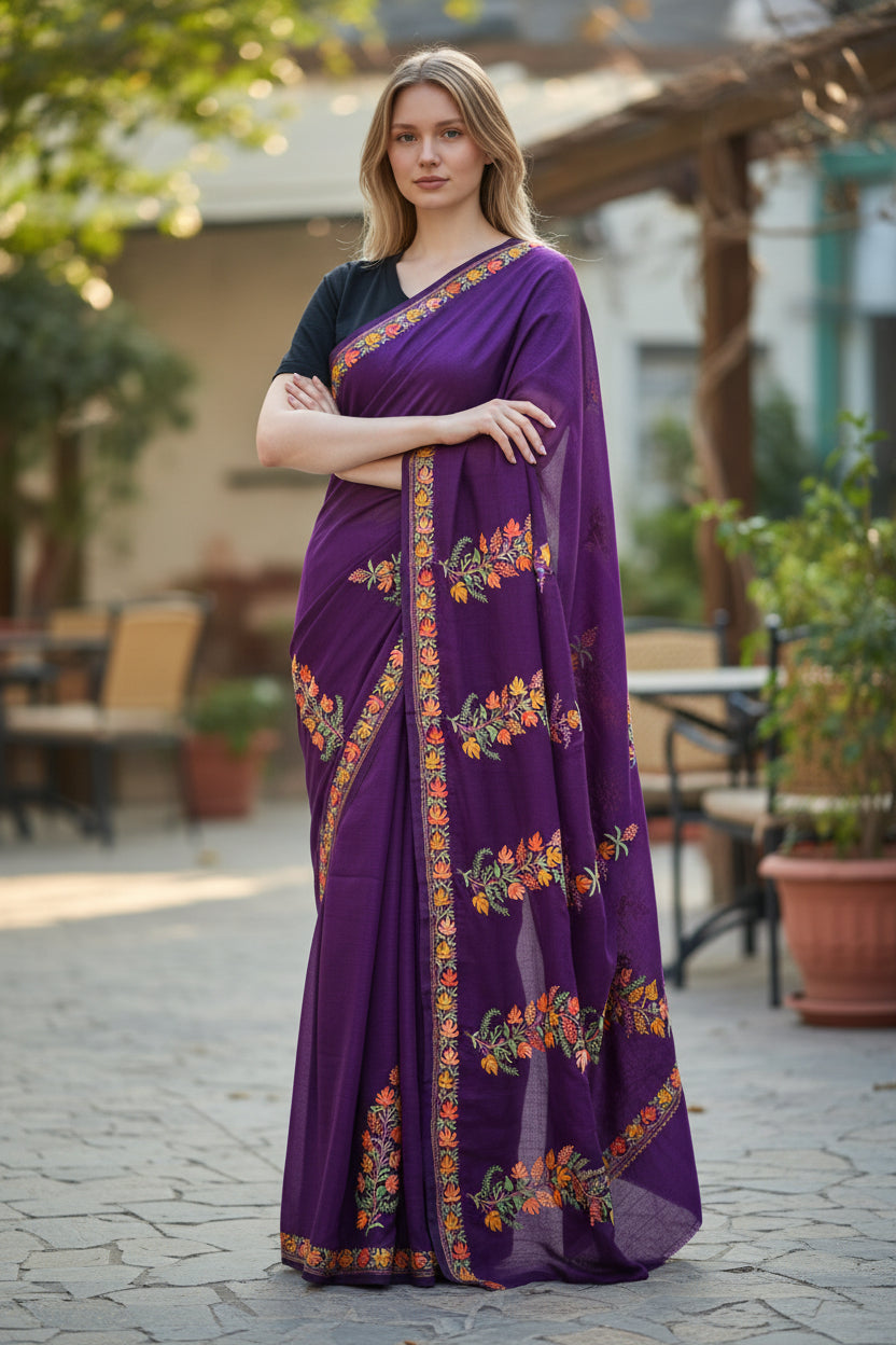 Women's Silk Sarees Embroidered with Kashmiri Aari work -Purple