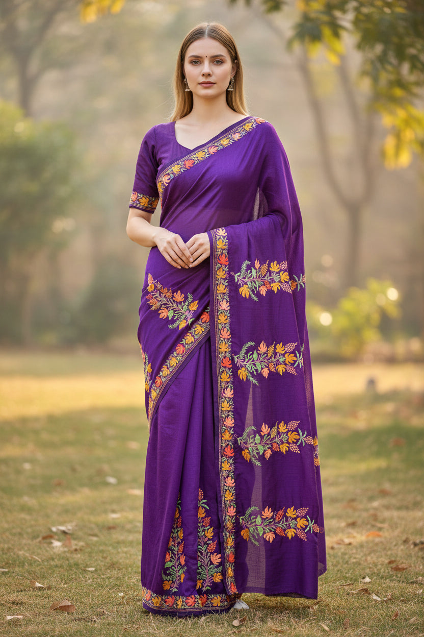 Women's Silk Sarees Embroidered with Kashmiri Aari work -Purple