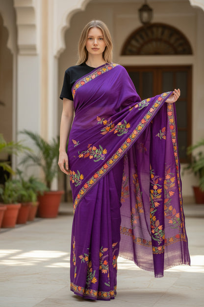 Women's Silk Sarees Embroidered with Kashmiri Aari work -Purple