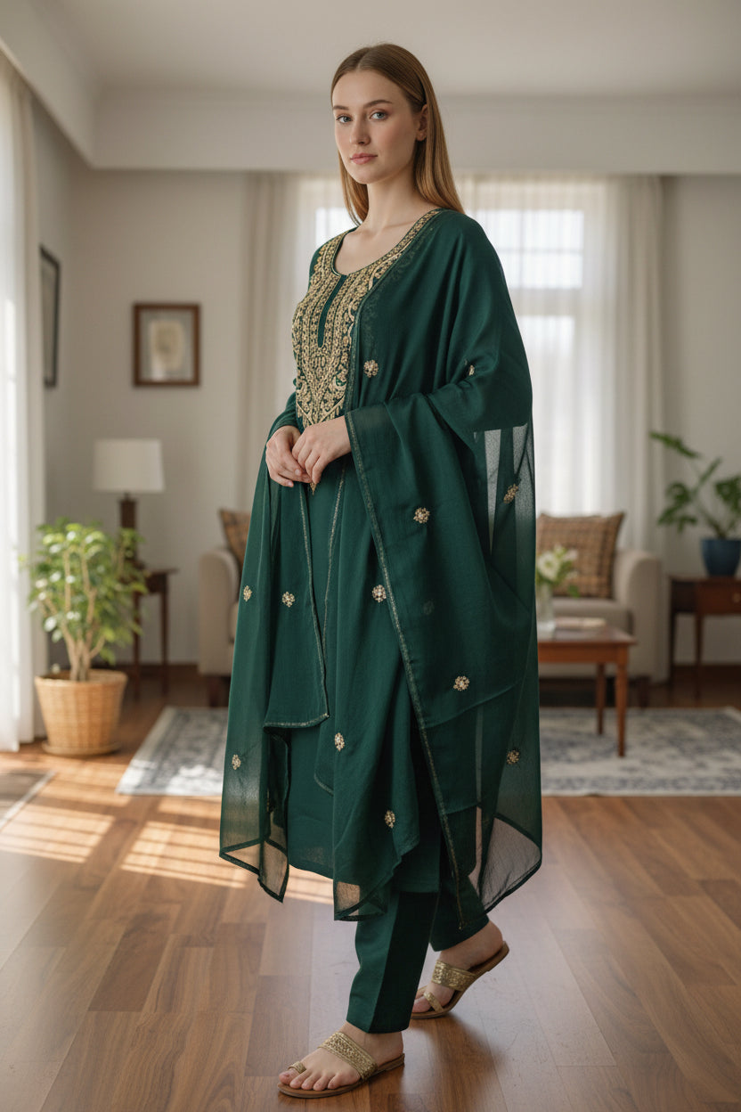 Women Silk Suits with Kashmiri Hand Embroidery |Three Piece Suit | Gamma Green