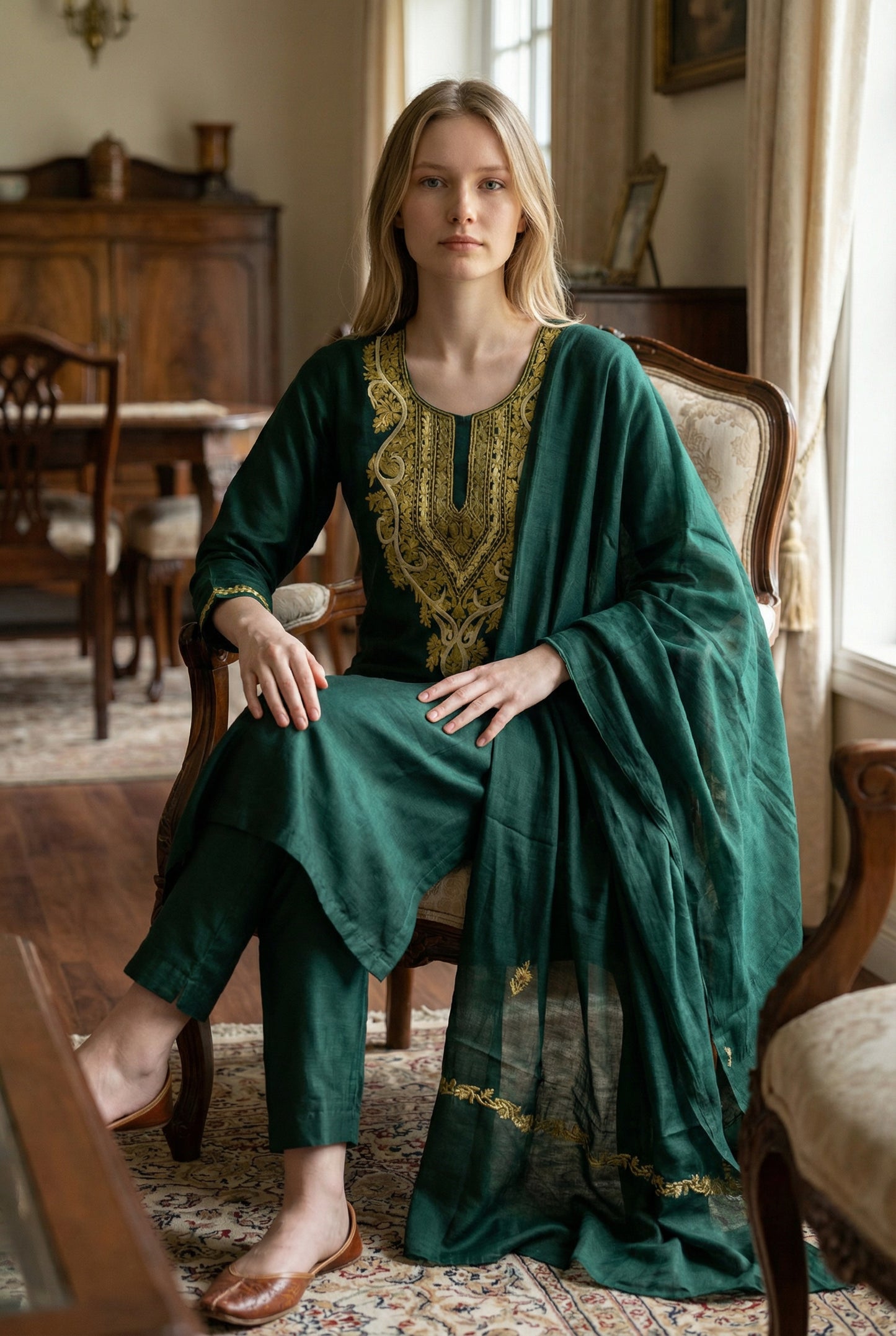 Women Silk Suits with Kashmiri Hand Embroidery |Three Piece Suit | Gamma Green