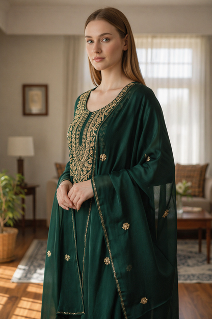 Women Silk Suits with Kashmiri Hand Embroidery |Three Piece Suit | Gamma Green