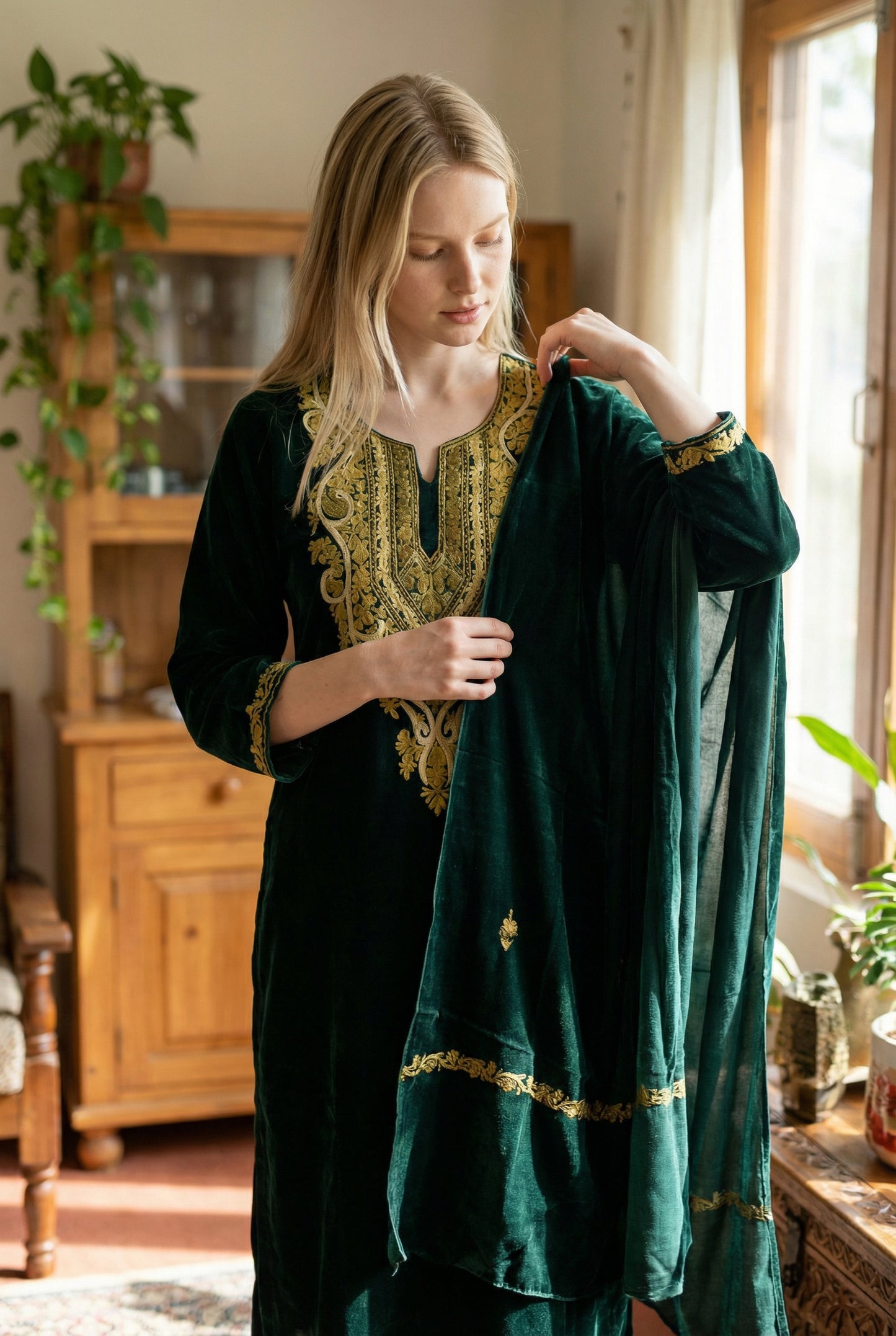 Women Silk Suits with Kashmiri Hand Embroidery |Three Piece Suit | Gamma Green