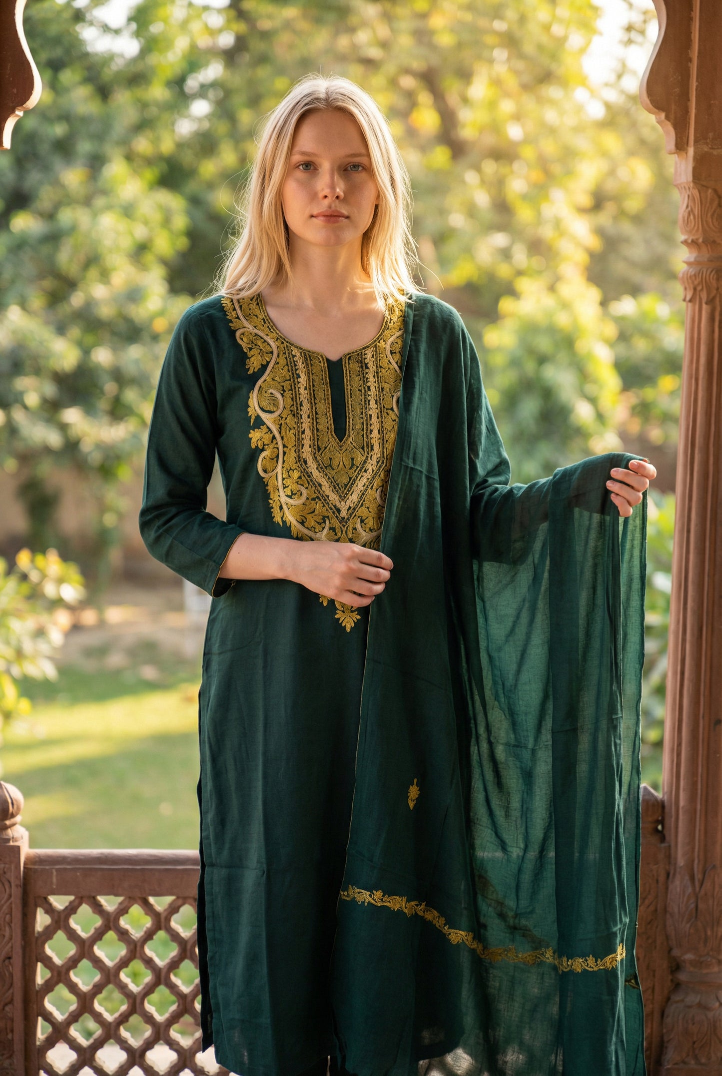 Women Silk Suits with Kashmiri Hand Embroidery |Three Piece Suit | Gamma Green