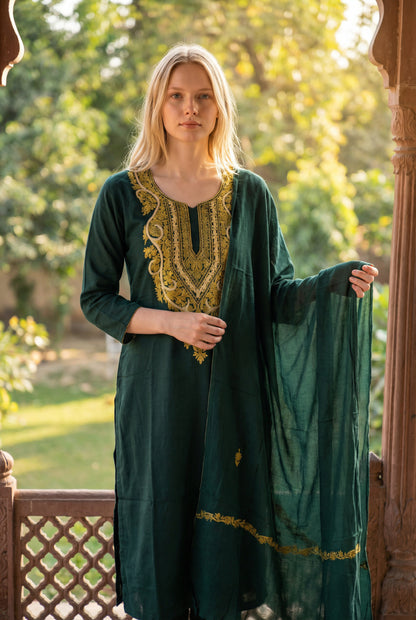 Women Silk Suits with Kashmiri Hand Embroidery |Three Piece Suit | Gamma Green
