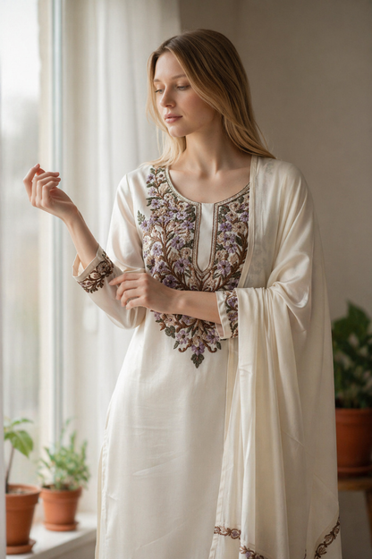 Women Silk Suits with Kashmiri Hand Embroidery |Three Piece Suit | OffWhite