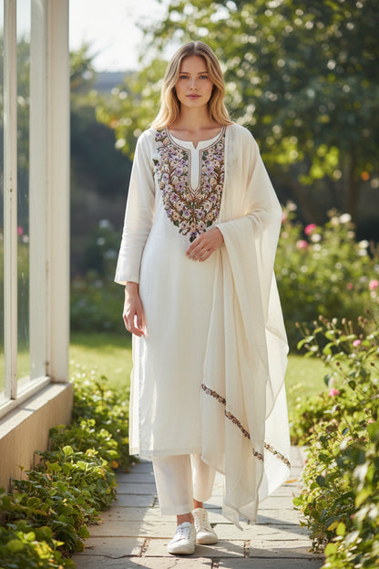 Women Silk Suits with Kashmiri Hand Embroidery |Three Piece Suit | OffWhite