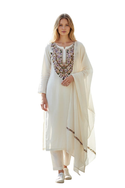 Women Silk Suits with Kashmiri Hand Embroidery |Three Piece Suit | OffWhite