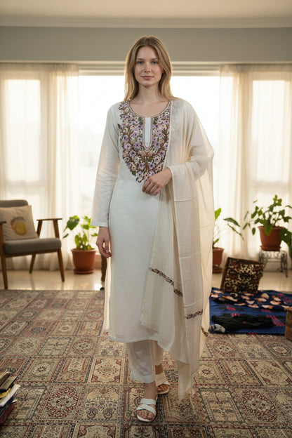 Women Silk Suits with Kashmiri Hand Embroidery |Three Piece Suit | OffWhite