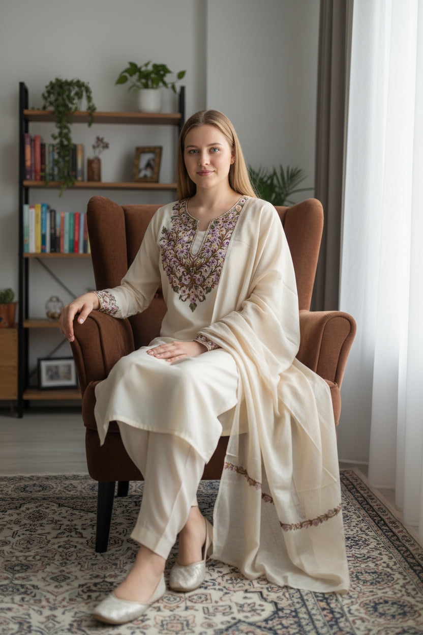 Women Silk Suits with Kashmiri Hand Embroidery |Three Piece Suit | OffWhite