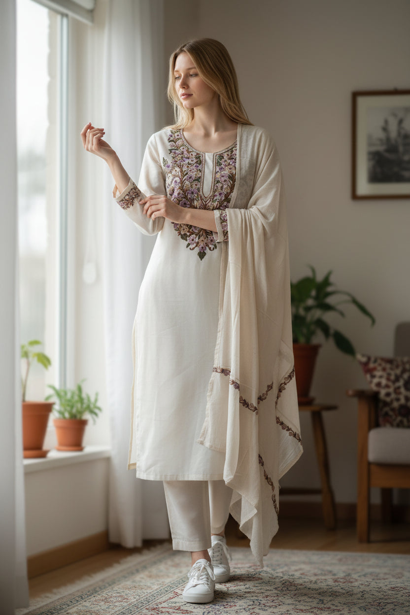 Women Silk Suits with Kashmiri Hand Embroidery |Three Piece Suit | OffWhite