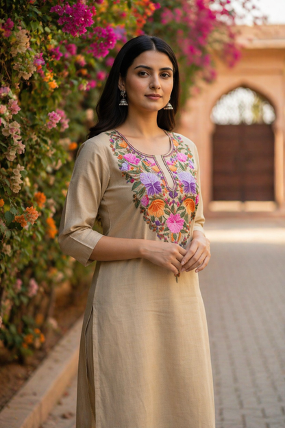 Women Cotton Suits with Kashmiri Hand Embroidery Two Piece Suit - Beige