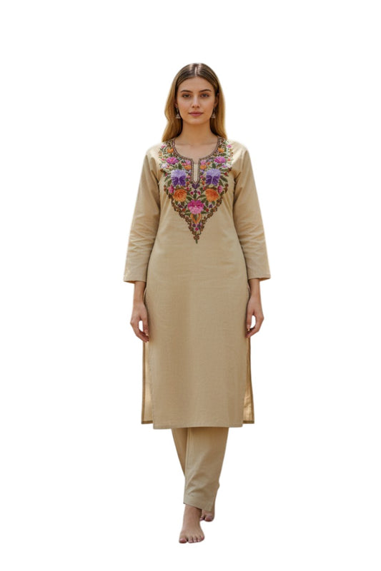 Women Cotton Suits with Kashmiri Hand Embroidery Two Piece Suit - Beige