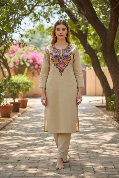 Women Cotton Suits with Kashmiri Hand Embroidery Two Piece Suit - Beige