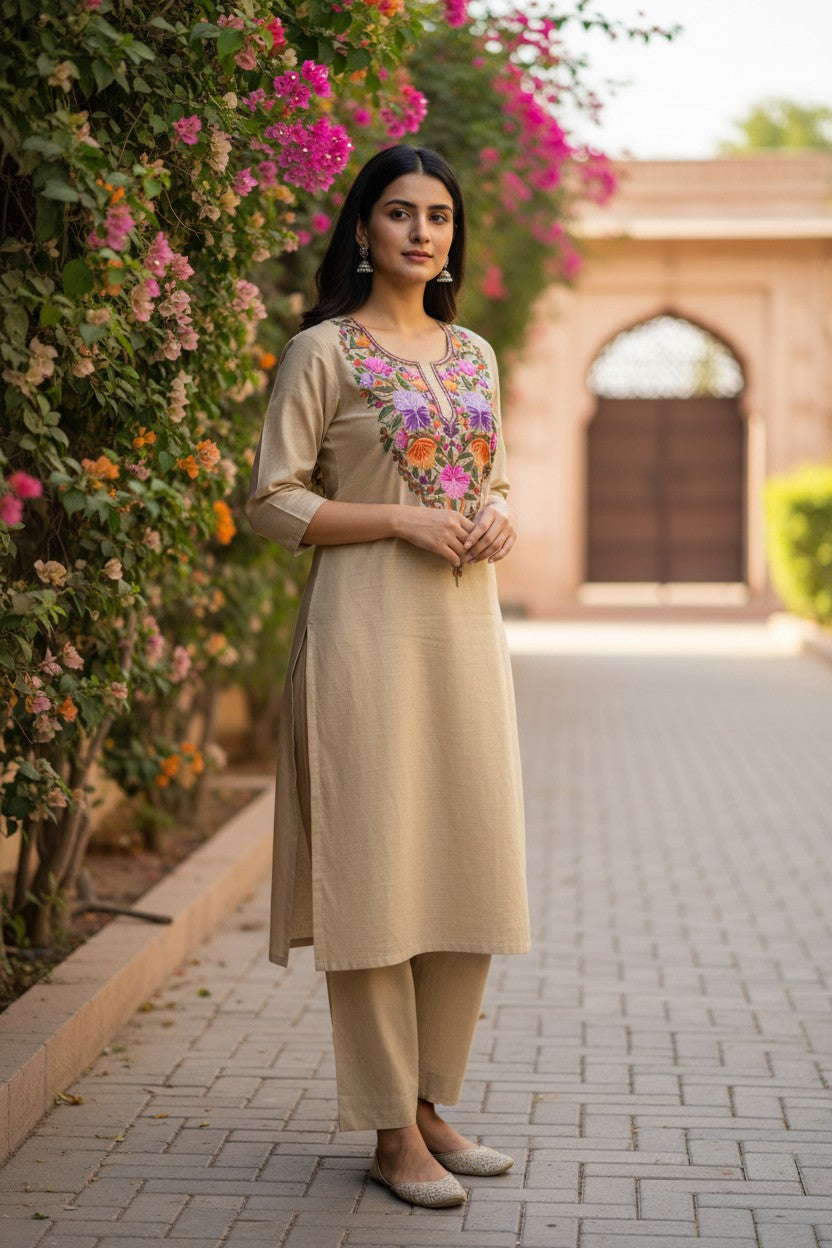 Women Cotton Suits with Kashmiri Hand Embroidery Two Piece Suit - Beige