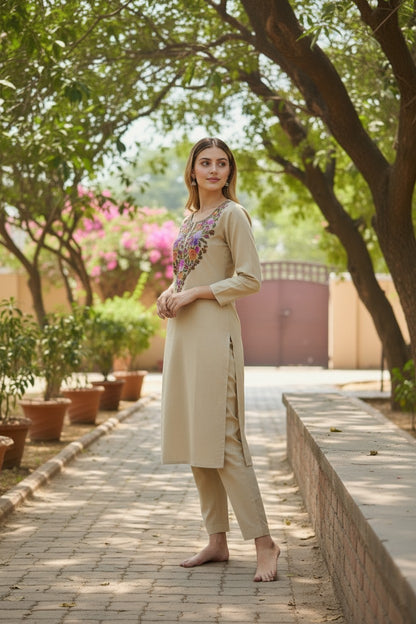 Women Cotton Suits with Kashmiri Hand Embroidery Two Piece Suit - Beige