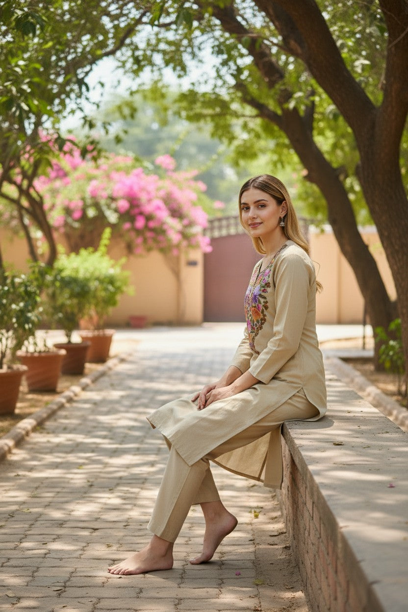 Women Cotton Suits with Kashmiri Hand Embroidery Two Piece Suit - Beige