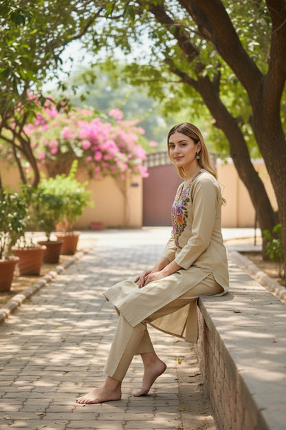 Women Cotton Suits with Kashmiri Hand Embroidery Two Piece Suit - Beige