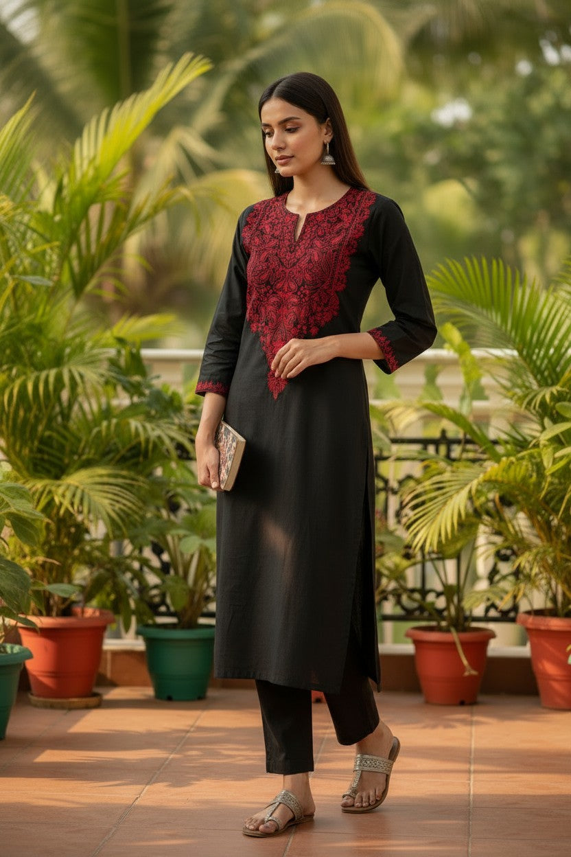 Women Cotton Suits with Kashmiri Hand Embroidery Two Piece Suit - Black