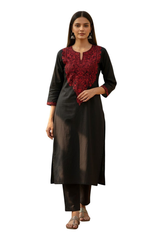 Women Cotton Suits with Kashmiri Hand Embroidery Two Piece Suit - Black