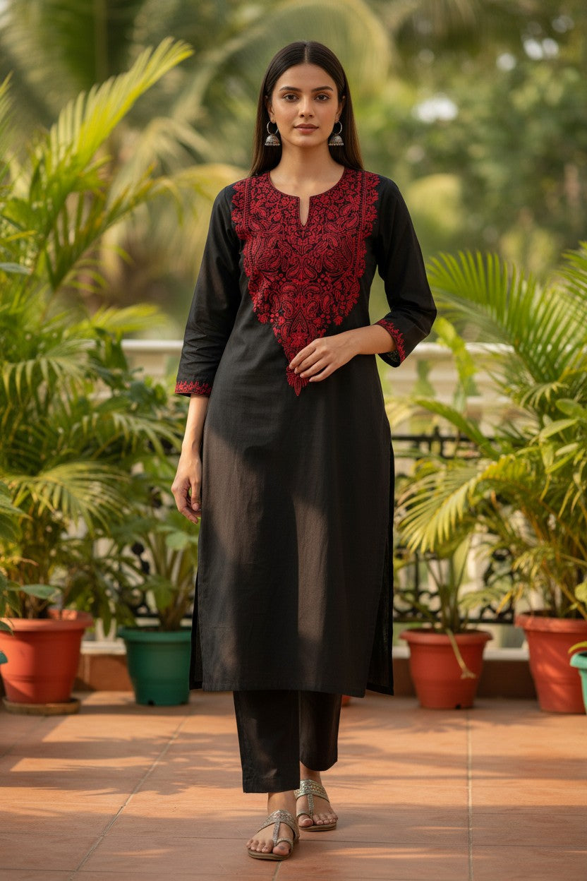 Women Cotton Suits with Kashmiri Hand Embroidery Two Piece Suit - Black