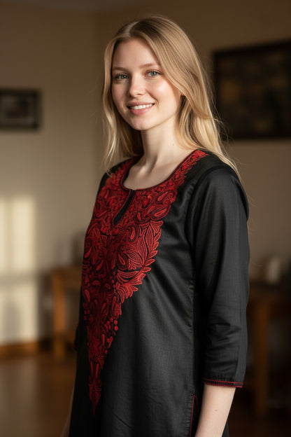 Women Cotton Suits with Kashmiri Hand Embroidery Two Piece Suit - Black