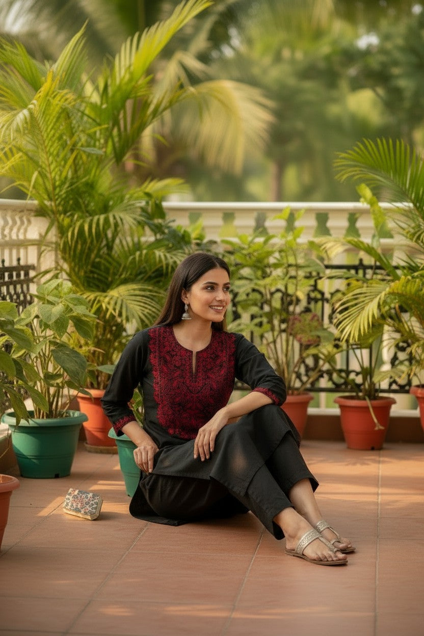 Women Cotton Suits with Kashmiri Hand Embroidery Two Piece Suit - Black