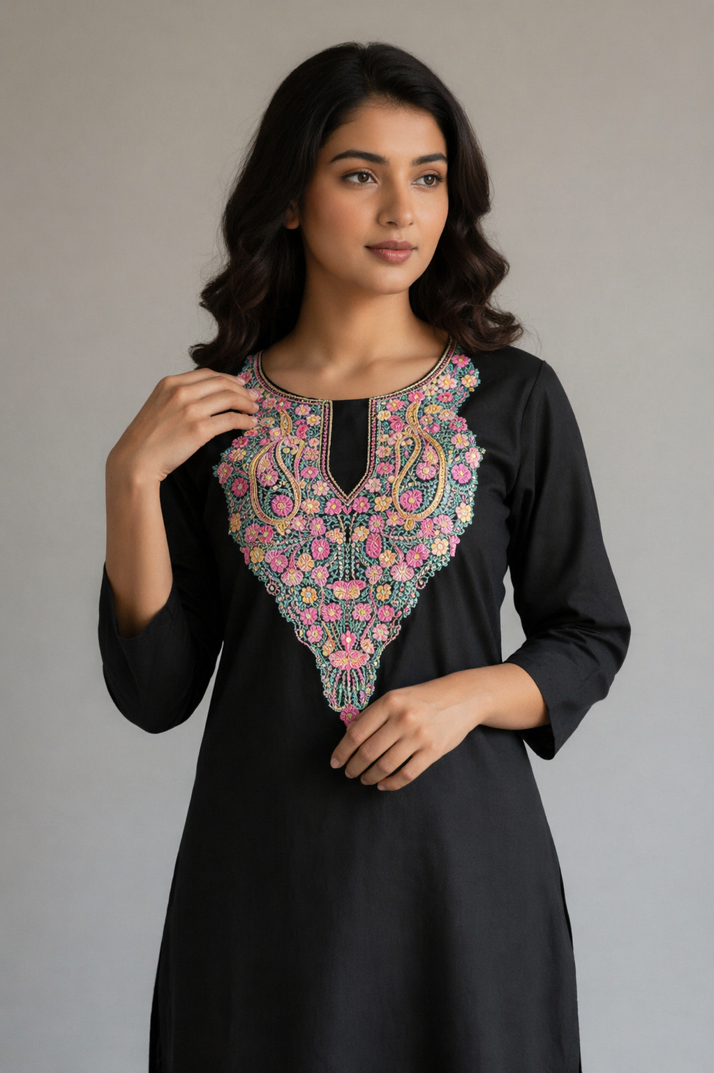 Women Cotton Suits with Kashmiri Hand Embroidery Two Piece Suit - Black