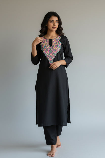 Women Cotton Suits with Kashmiri Hand Embroidery Two Piece Suit - Black