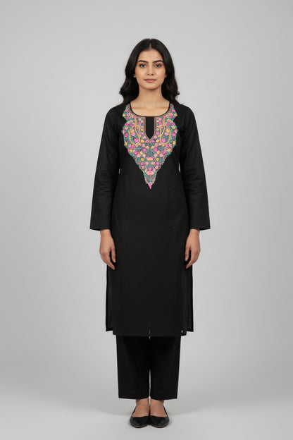 Women Cotton Suits with Kashmiri Hand Embroidery Two Piece Suit - Black
