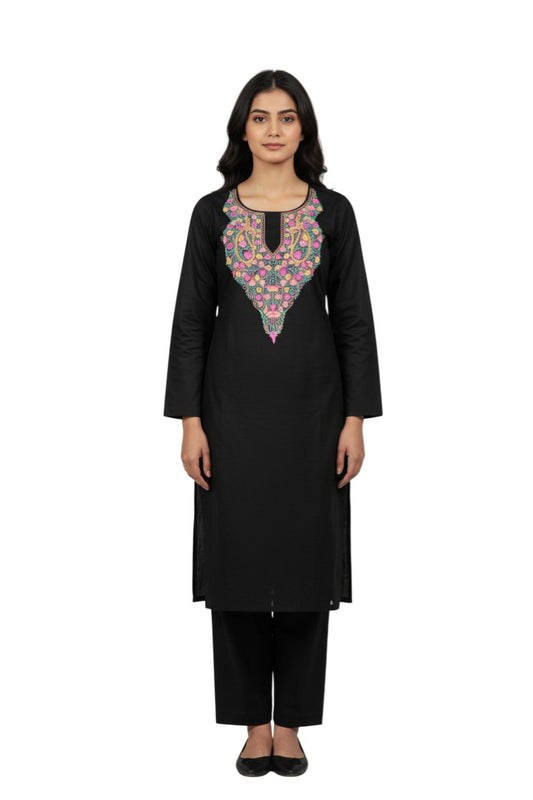 Women Cotton Suits with Kashmiri Hand Embroidery Two Piece Suit - Black