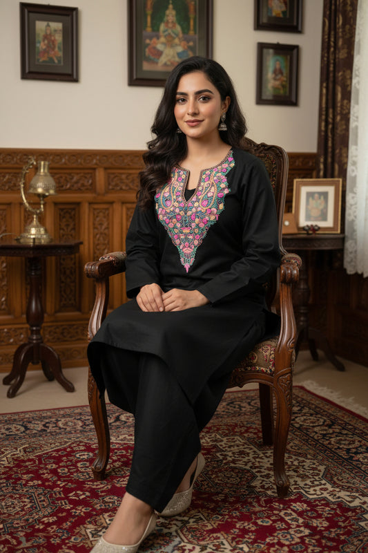 Women Cotton Suits with Kashmiri Hand Embroidery Two Piece Suit - Black