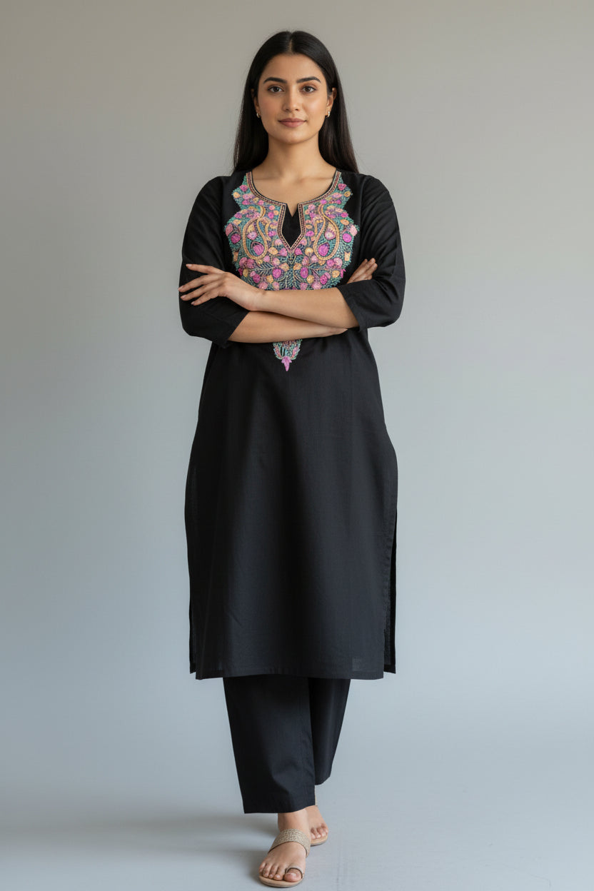 Women Cotton Suits with Kashmiri Hand Embroidery Two Piece Suit - Black