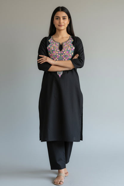 Women Cotton Suits with Kashmiri Hand Embroidery Two Piece Suit - Black