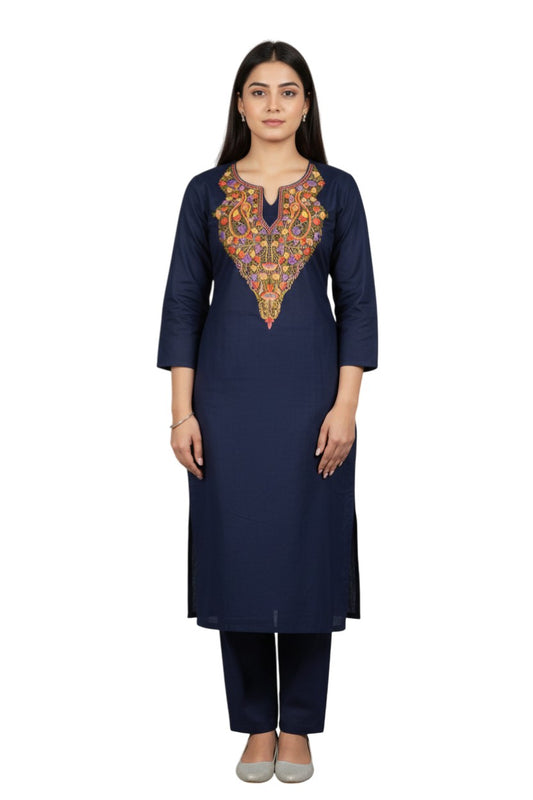 Women Cotton Suits with Kashmiri Hand Embroidery Two Piece Suit - Blue