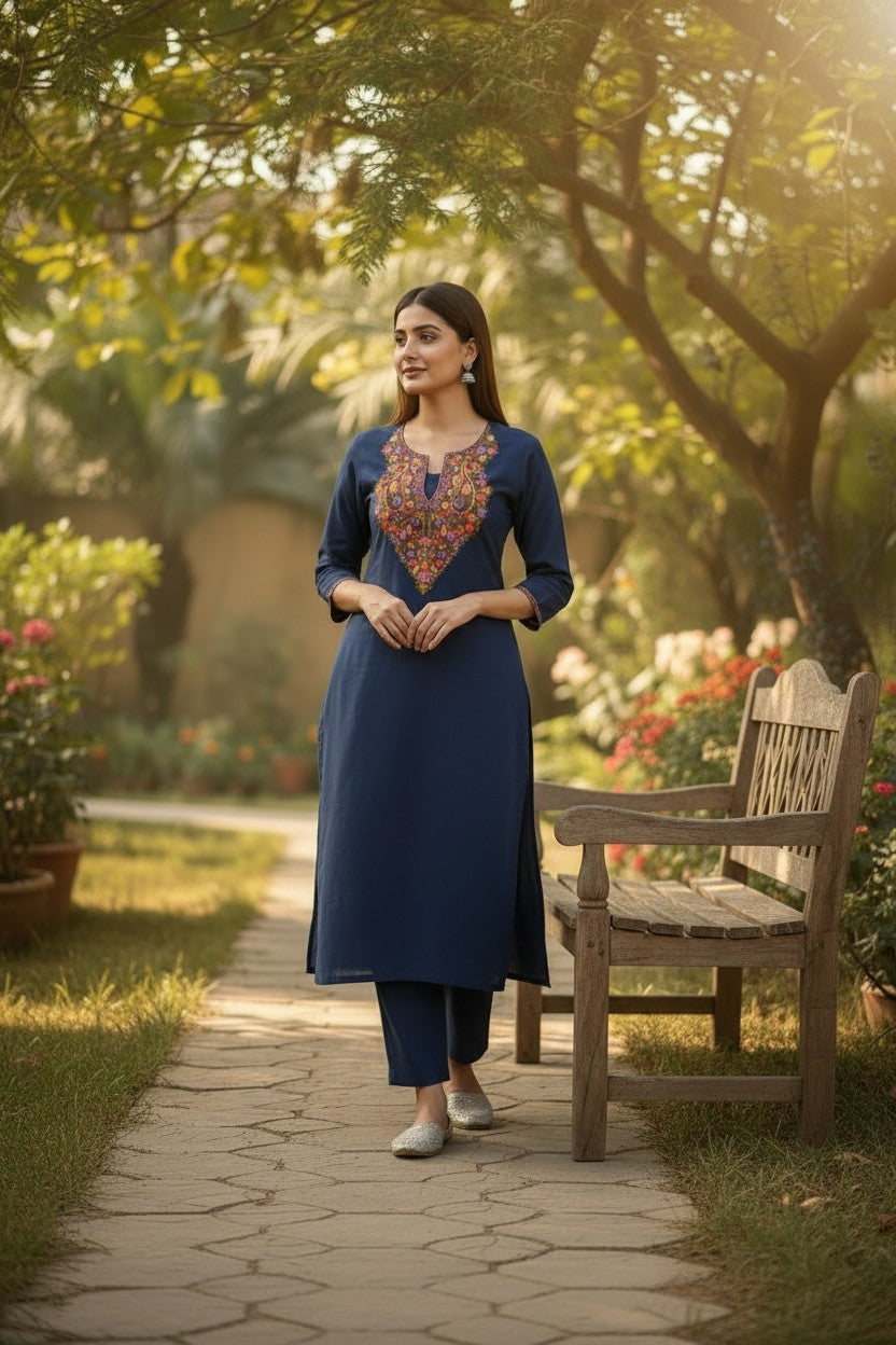 Women Cotton Suits with Kashmiri Hand Embroidery Two Piece Suit - Blue
