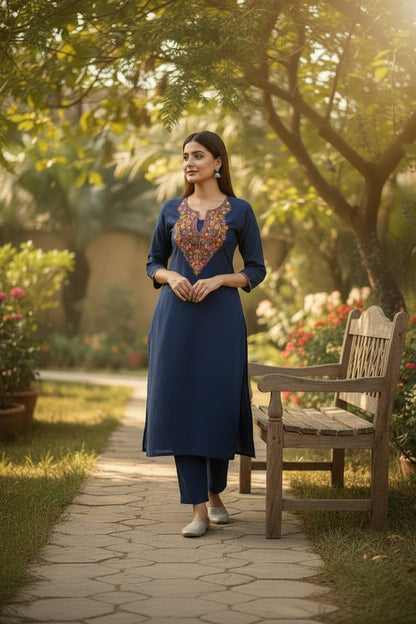 Women Cotton Suits with Kashmiri Hand Embroidery Two Piece Suit - Blue