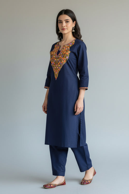 Women Cotton Suits with Kashmiri Hand Embroidery Two Piece Suit - Blue
