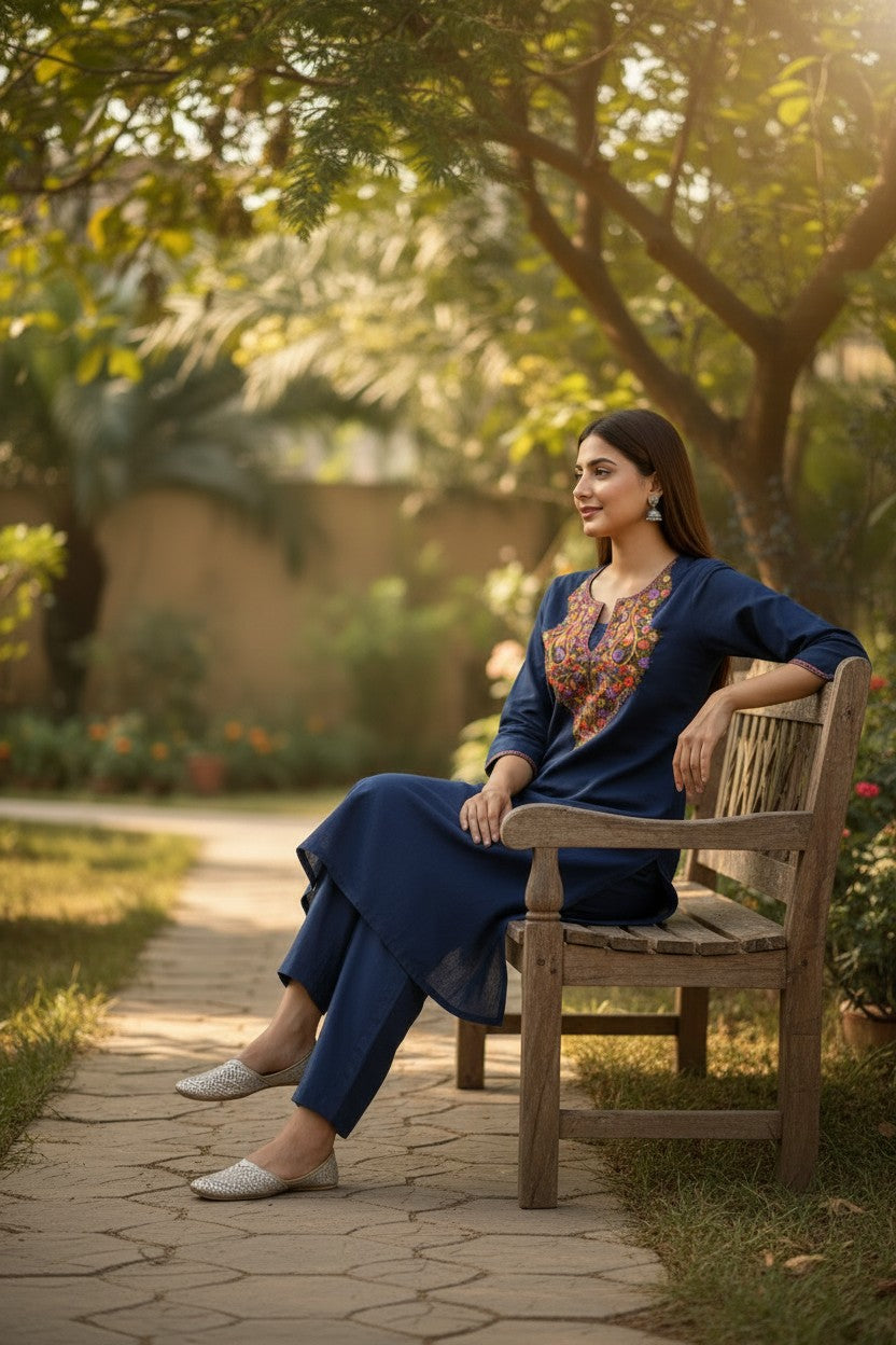 Women Cotton Suits with Kashmiri Hand Embroidery Two Piece Suit - Blue
