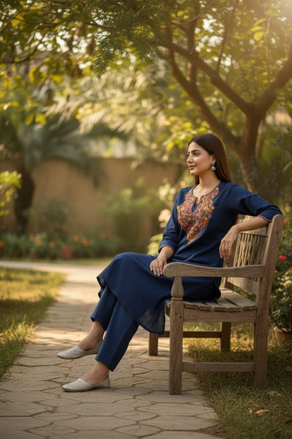 Women Cotton Suits with Kashmiri Hand Embroidery Two Piece Suit - Blue