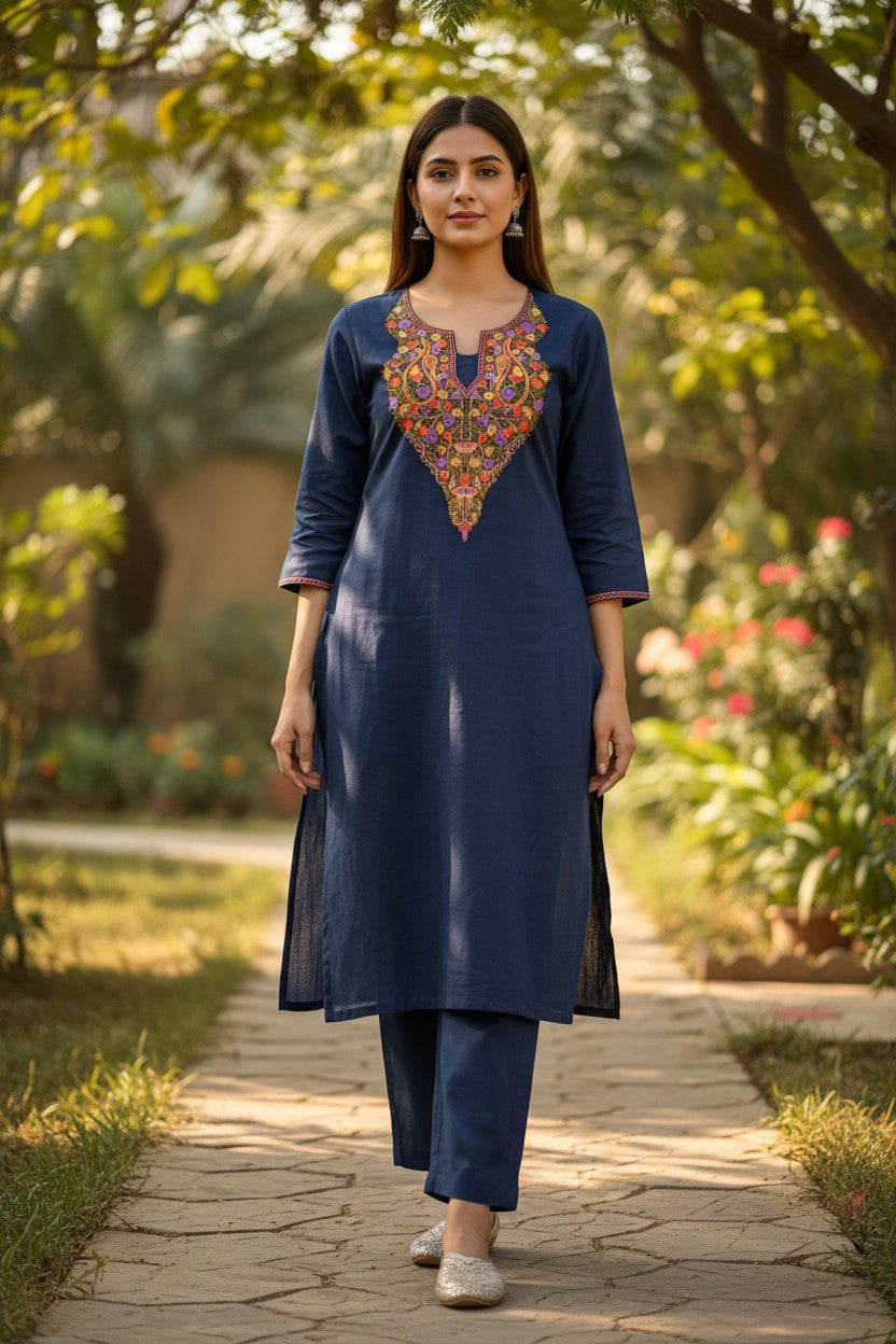 Women Cotton Suits with Kashmiri Hand Embroidery Two Piece Suit - Blue